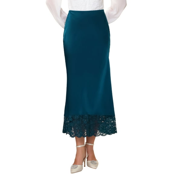 DARING DIVA Women's Satin Formal Lace Trim High Waist Maxi Skirts S Blue