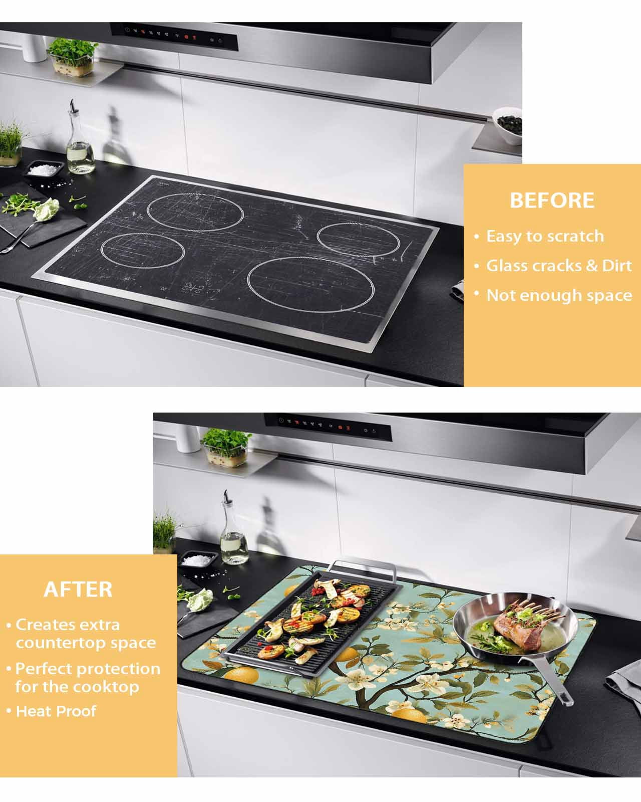 nqOlkjepod Large Induction Cooktop Protector Mat 24"x21", Flower Lemon Stove Top Covers for Electric Stove, Spring Summer Watercolor Leaves Plant Stove Burner Cover Mats, Glass Top Stove Cover