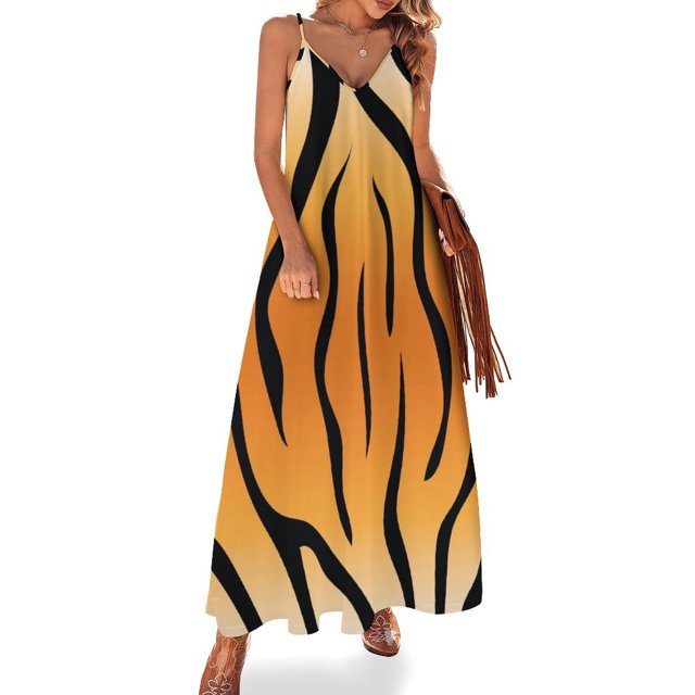 Nuevo vestido elegante sin mangas con rayas de tigre en color naranja y negro