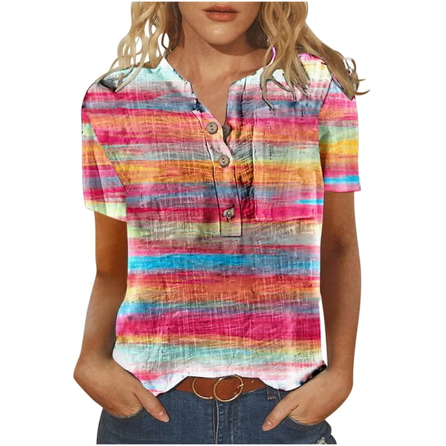 Cameland T-Shirt Décontracté d'Été pour Femmes à Manches Courtes Col Rond Boutonné Blouse Chandail Tops