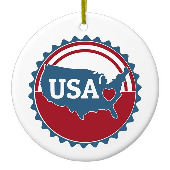 DistinctInk Hanging Ceramic Christmass Tree Ornament with Gold String - Great Gift / Present - 2 3/4 inch diameter - USA Heart Seal Red White & Blue