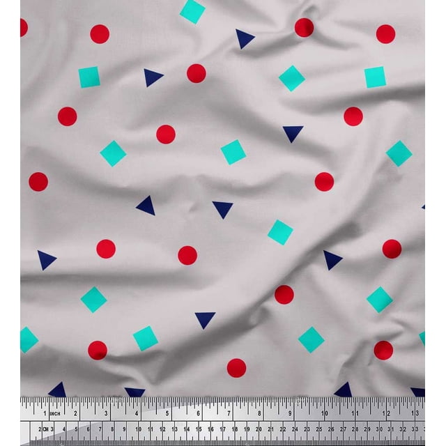Soimoi Satin Silk Fabric Square,Dot & Triangle Geometric Print Sewing Fabric Yard 42 Inch Wide