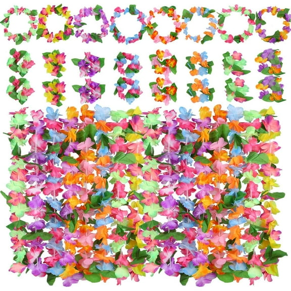 32 Pieces Hawaiian Leis Tropical Hawaiian Garlands with 16 Bracelets 8 Headbands and 8 Necklaces for Luau Party Supplies