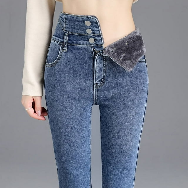 Pantalones vaqueros térmicos de lana gruesa para mujer, Jeans ajustados cálidos de cintura alta, pantalones de lápiz elásticos con botones, Jeans de terciopelo informales para mamá, Invierno