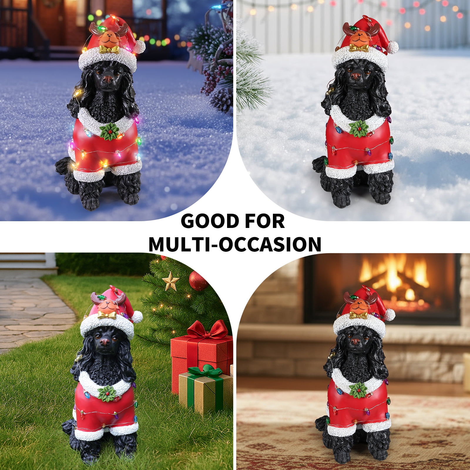 Black Poodle Red Santa Outfit Christmas Dog Statue with Reindeer Antlers Holiday Tabletop Decor