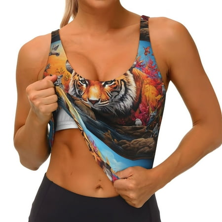 Qokaie Colorful Plant Tiger Pattern Womens Scoop Neck Sports Bra Breathable Workout Vest Padded U Back Medium Impact Fitness Gym Yoga Bra Workout Crop Top