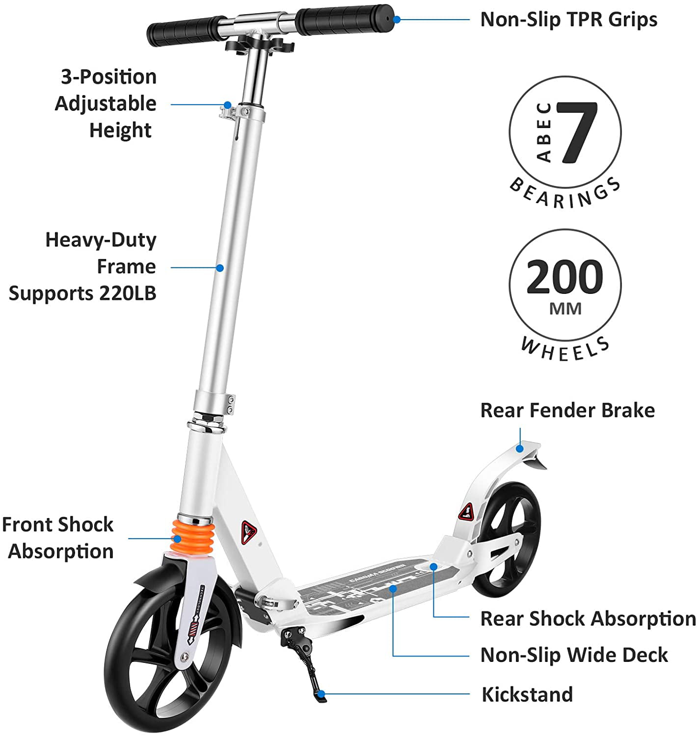 Caroma Adults/Kids Folding Kick Scooter with Dual Suspension 3 Adjustable Height 