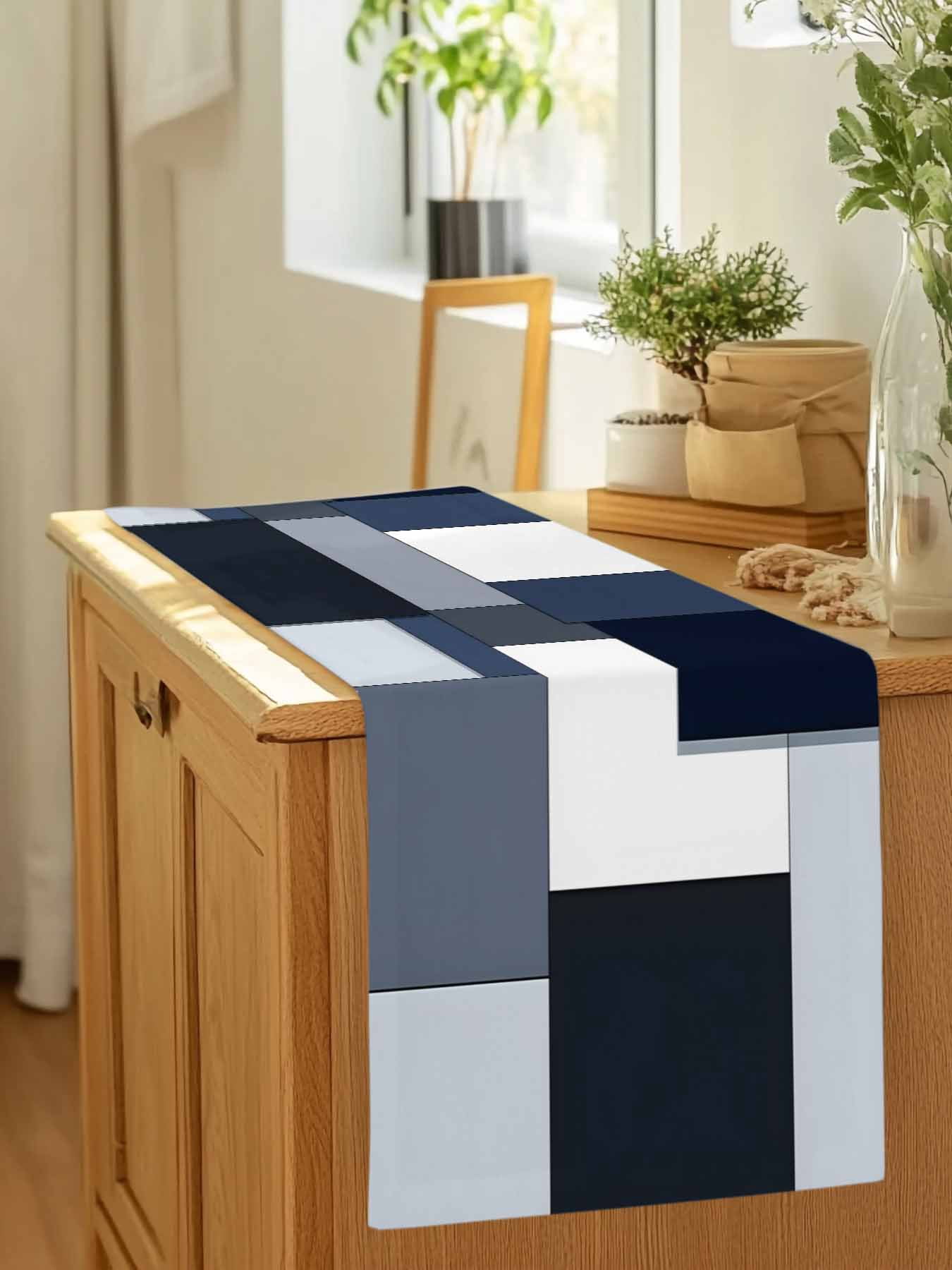 Black White Blue Patchwork Table Runner 90 Inches Long, Abstract Geometric Art Table Runners Tabletop Scarf Kitchen Dining Tables Decoration for Home Party Indoor Outdoor