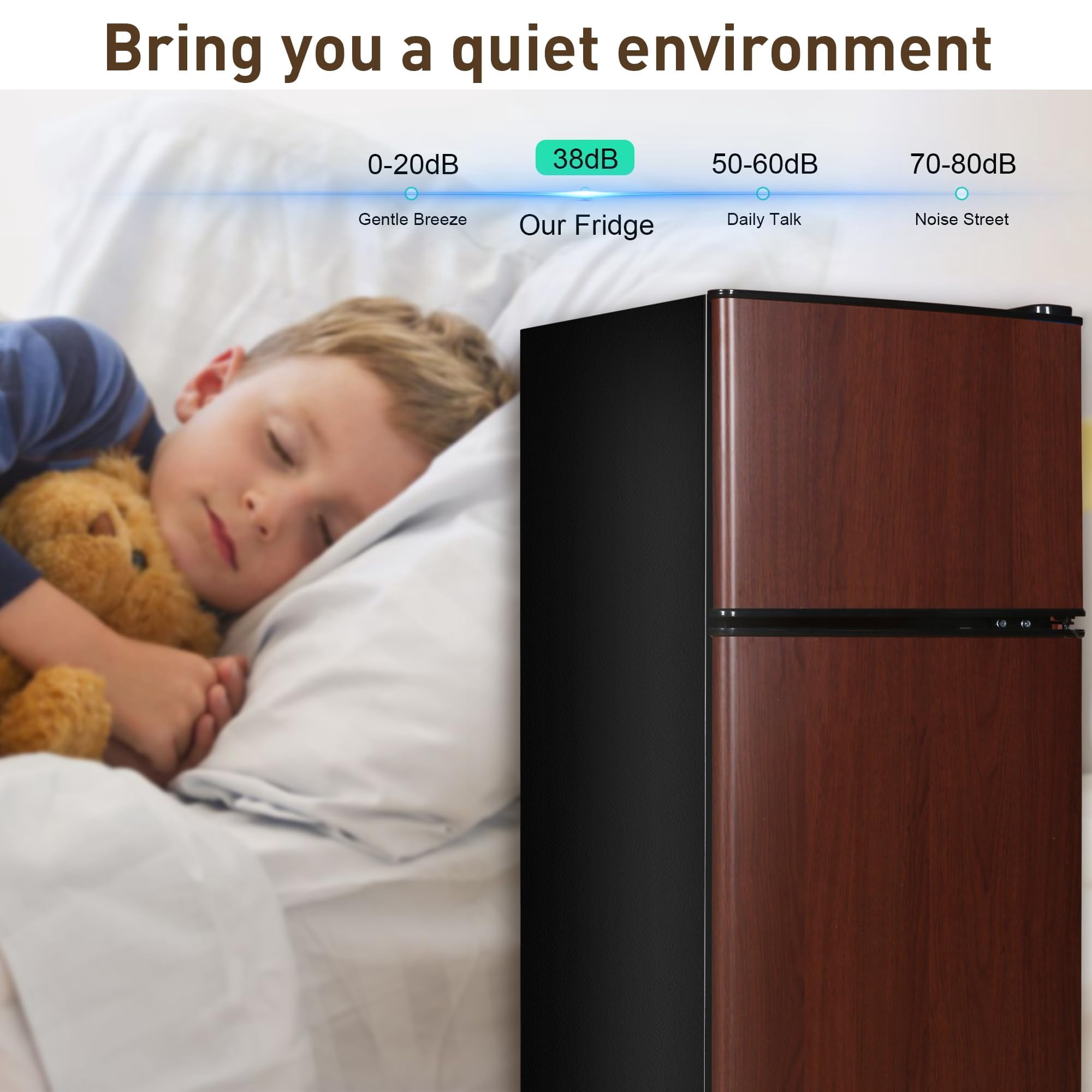 3.2 Cu.Ft Mini Fridge with Freezer, Adjustable Thermostat Removable Glass Shelves, Quiet Energy Saving Apartment Size for Dorm Office Kitchen, Wood