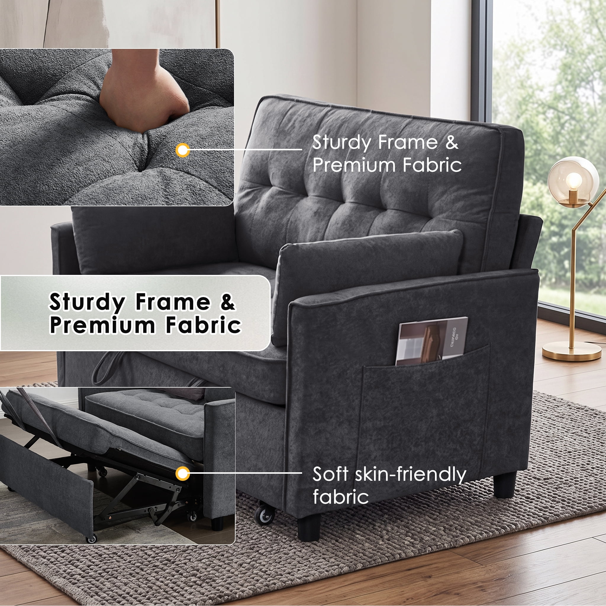 Anpport 54" 3‑in‑1 Convertible Sofa Bed, Towel Fabric, 3‑Position Adjustable Backrest with USB Charging Ports, for Living Room, Apartment, Dark Gray