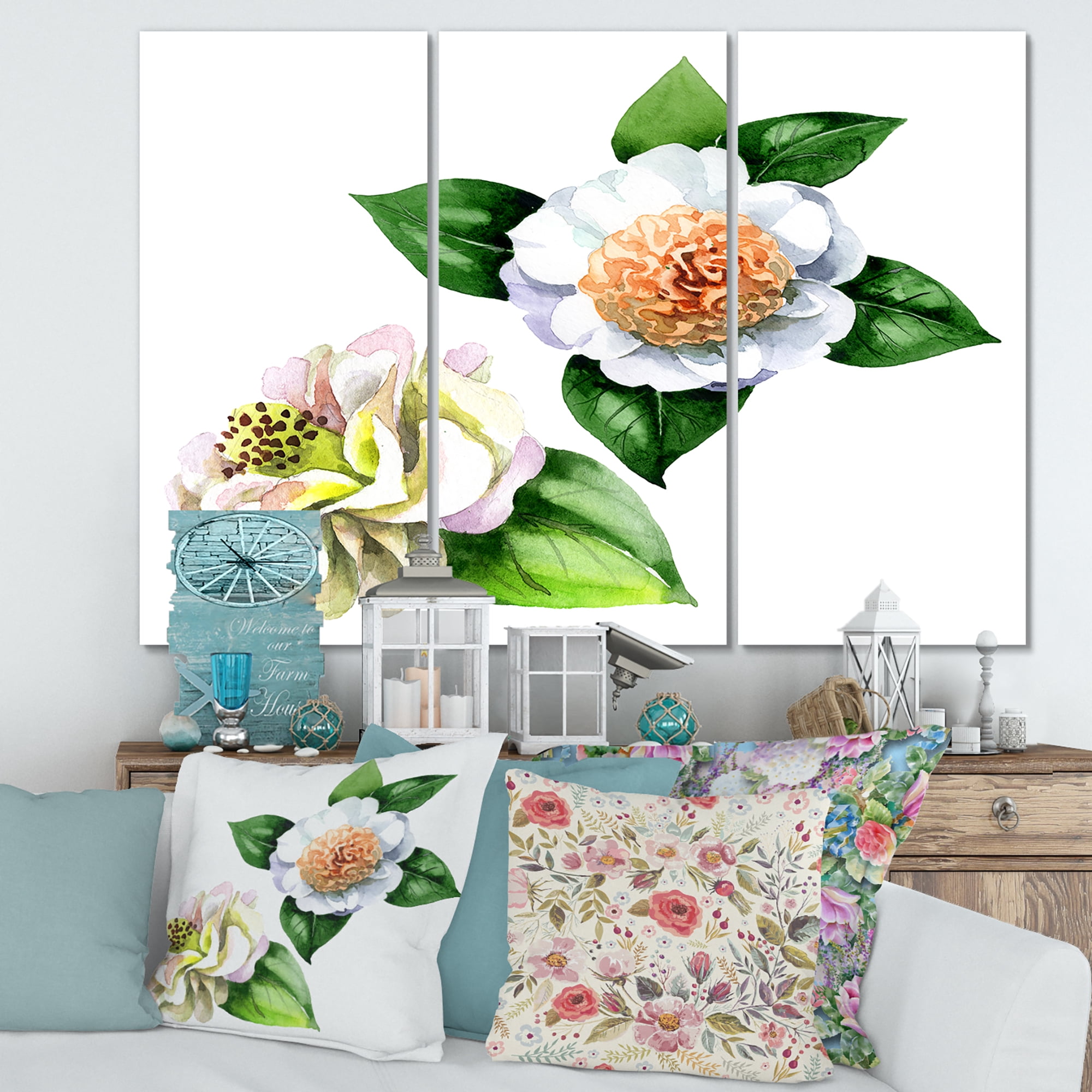 Designart ' Ancient White Camellia Flowers With Green Leaves ' Traditional Canvas Wall Art Print