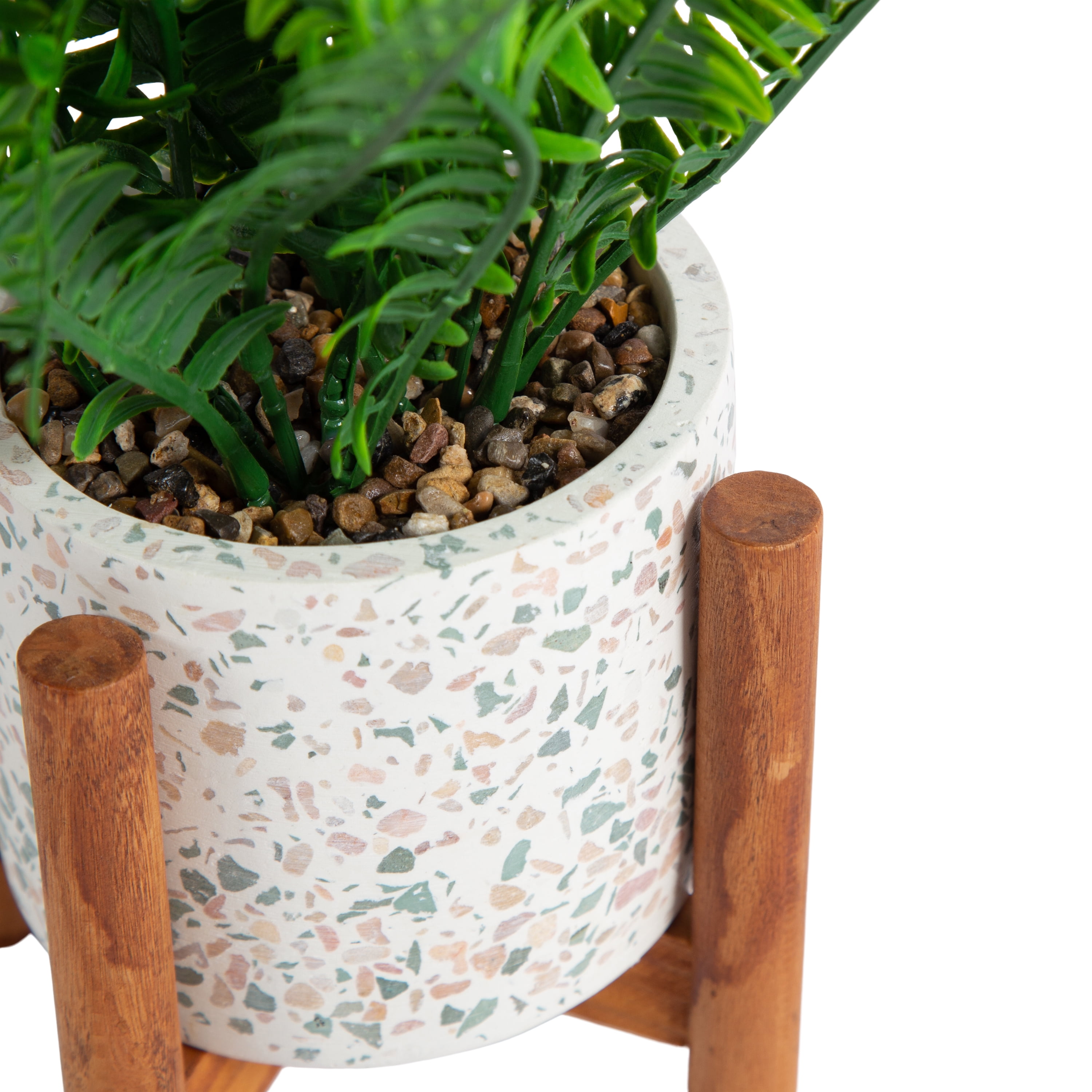 Design Ovation 10.5” x 3.875” Artificial Fern in Terrazo w/ Wooden Stand Plant Container