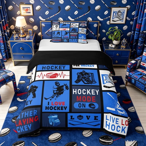 Castle Fairy Hockey Print Twin Duvet Cover, Sport Minimalism Checkered Twin Bedding, Blue Black,Black Reversible,2pcs,1 Duvet Cover and 1 Pillowcase