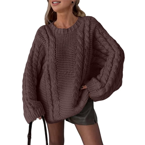Cable Knit Oversized Sweaters Womens Cozy Pullover Sweater Fall Winter Clothes Brown S