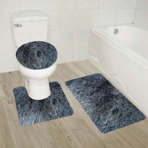 3PC BATHROOM SET RUG CONTOUR MAT TOILET LID COVER PLAIN SOLID LEAF PRINT BATHMAT