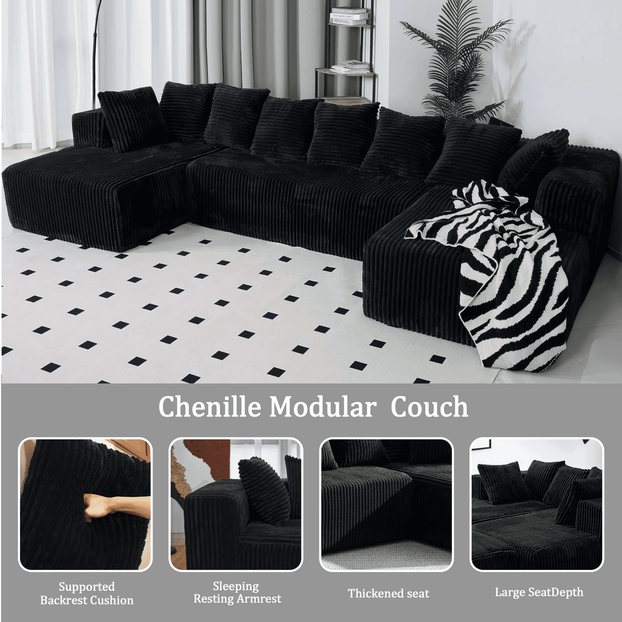 SOULART 130" Black U L-Shaped Modular Sectional Couch, U-Shaped Sofa with Chaise Lounge, Striped Corduroy Upholstered 4-Seater Sofa with Pillow Back and Square Arms