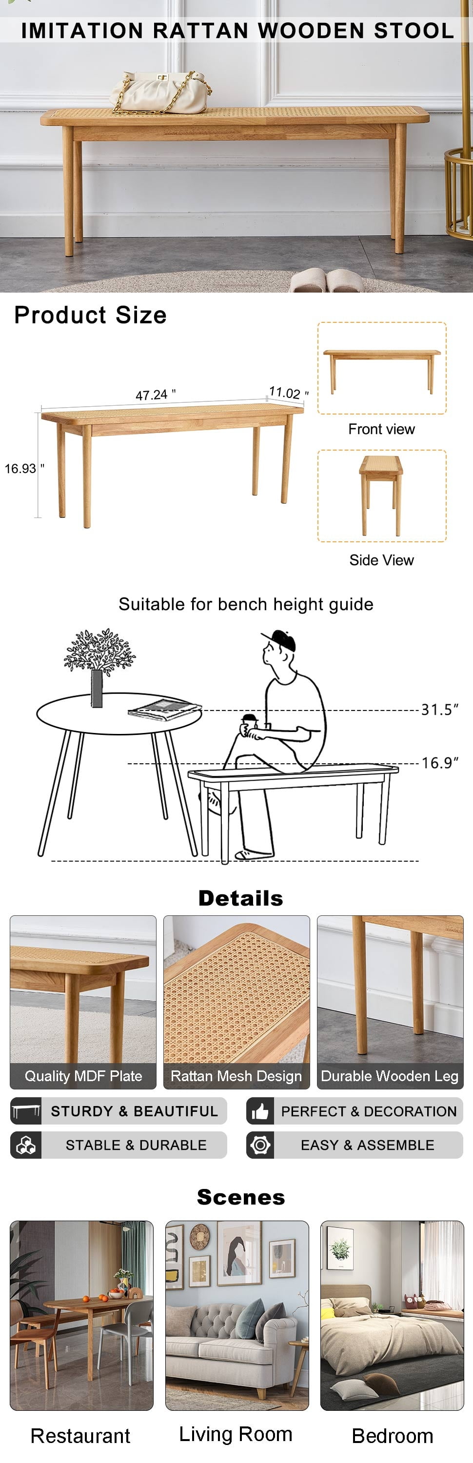 Kepooman Modern Bench, Cane Weaving Shoe Stool for Home, Solid Wood Bench for Living Room, Natural Wood Wash Kepooman Modern Bench, Cane Weaving Shoe Stool for Home, Solid Wood Bench for Living Room, Natural Wood Wash