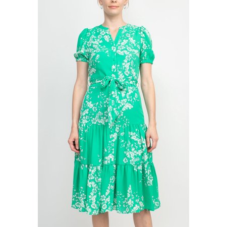 Nanette Lepore V-Neck Short Sleeve Tie Waist Floral Print A-Line Crepe Dress-GREEN / 4