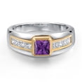 thumbnail image 3 of Gem Stone King 925 Silver and 10K Yellow Gold Purple Amethyst and White Lab Grown Diamond Statement Ring for Men | 1.10 Cttw | Princess 5MM | Gemstone February Birthstone | Size 10, 3 of 5