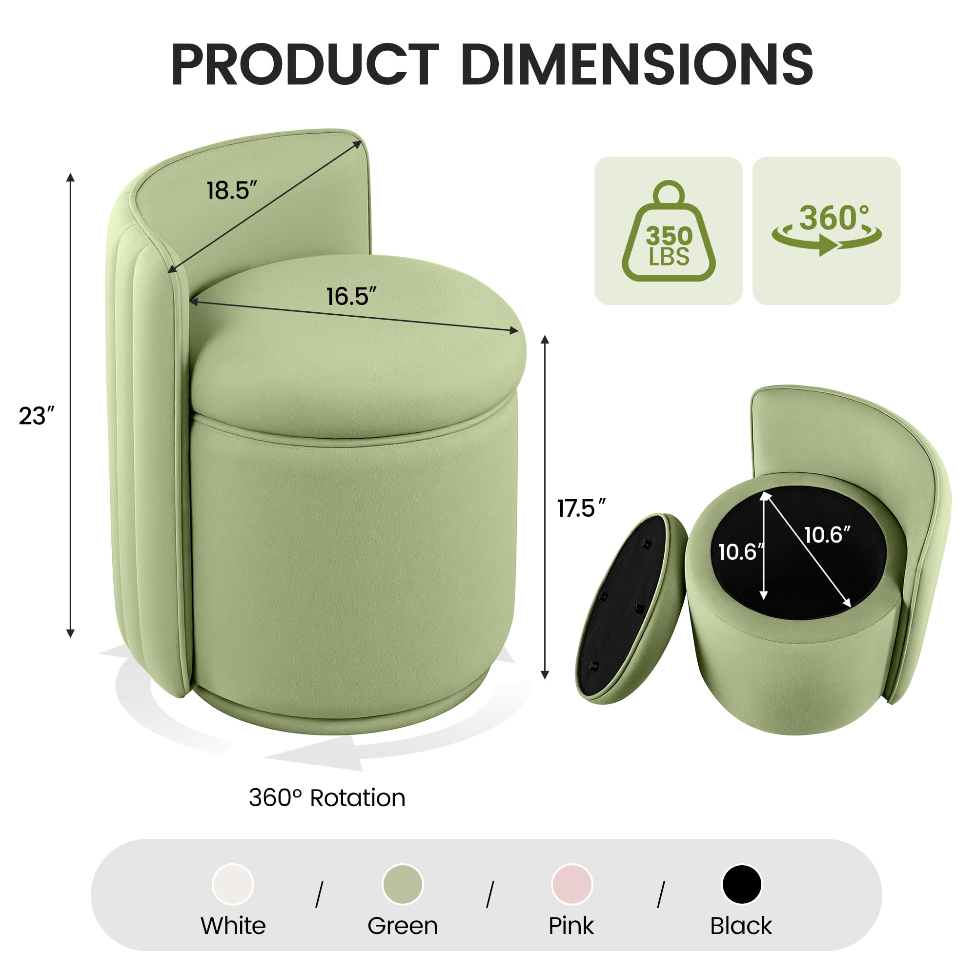 COOLHUT Vanity Chair, Upholstered Vanity Stool with Storage, Velvet Swivel Accent Chair, No Assembly Small Accent Stool, Makeup Chair for Bedroom, Living Room and Dressing Area, Green