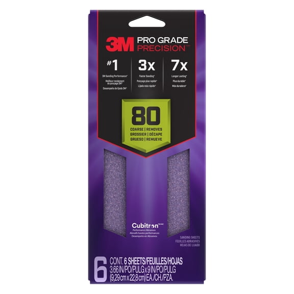 3M Pro Grade Precision Sandpaper, 80 Grit, No-Slip Grip Backing, 3 2/3 in. x 9 in., 6 Sheets