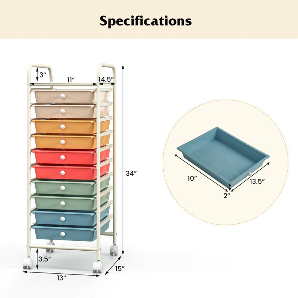 Spaco 10 Drawer Rolling Storage Cart Organizer with 4 Universal Casters-Macaron Multicolor, Craft Organizers and Storage, Multipurpose Organizer Cart for Home, Office, School
