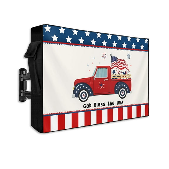 American Truck with Flag Star Outdoor TV Cover 60 to 65 Inch Weatherproof, Red Beige Stripes Star Lace 600D Oxford TV Covers with Waterproof Zipper, Outside Flat TV Screen Protector 58"Wx37"Hx4.5"D