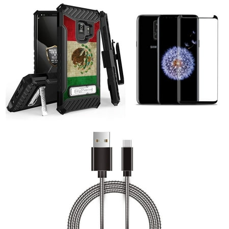 Beyond Cell Tri Shield [Military Grade - MIL-STD 810G-516.6] Holster Case (Vintage Mexico), Glass Screen Protector, [Aluminum Connectors] USB Type-C Metal Cable, Atom Cloth for Samsung Galaxy S9