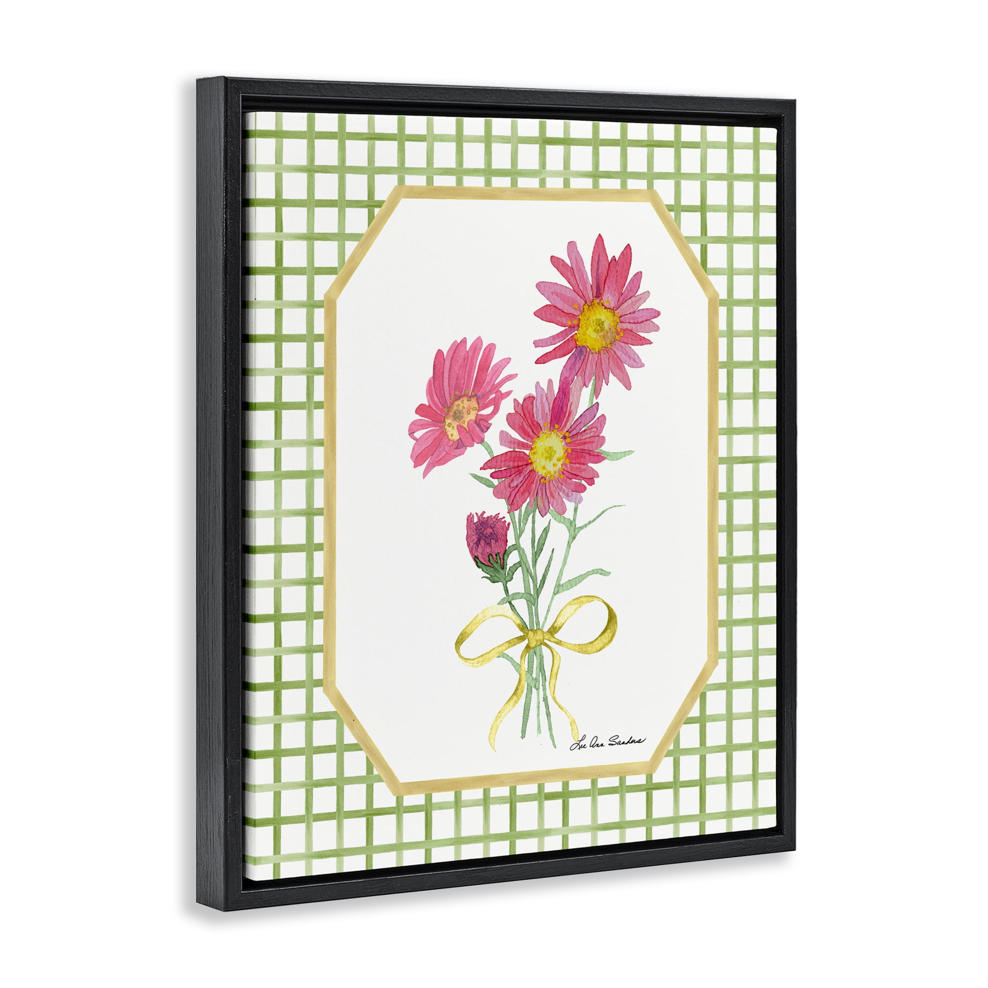 Botanical Story on Gingham Black Framed Floater Canvas Wall Art, design by Lee Ann Sanders