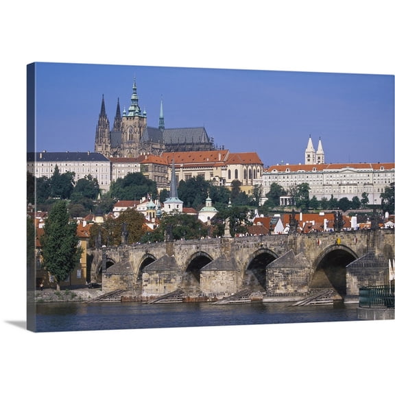 Great BIG Canvas | "Eastern Czech Republic, Prague, St. Charles Bridge across the Vltava River" Canvas Wall Art - 30x20
