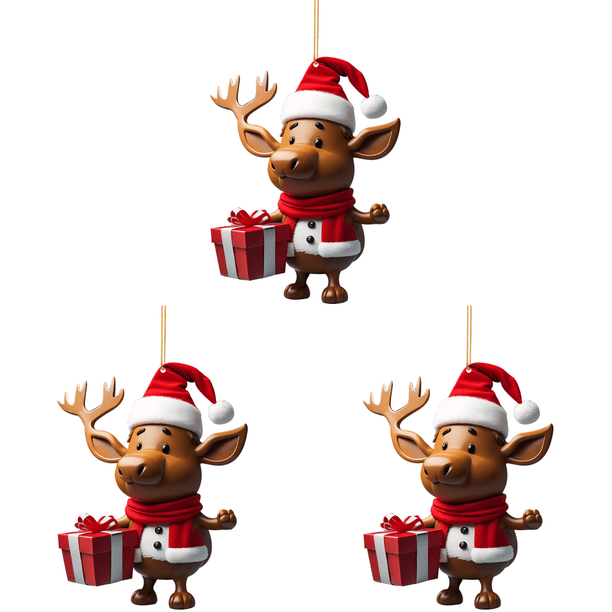 Decoración de alce de dibujos animados Acrílico navideño con decoraciones colgantes de árbol con sombrero de Navidad (5)