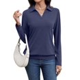 thumbnail image 2 of Womens T-Shirts Long Sleeve Banded Bottom Tops Business Casual Tops Collared V Neck Blouses Navy Blue L, 2 of 7