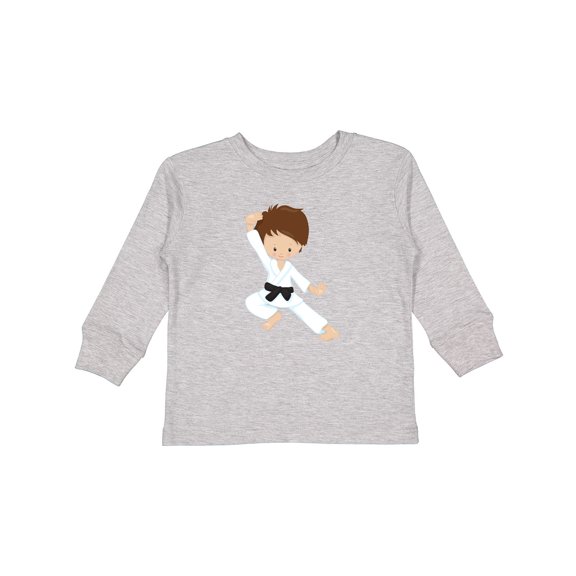 Inktastic Cute Boy, Brown Hair, Black Belt, Karate Pose Boys Long Sleeve Toddler T-Shirt