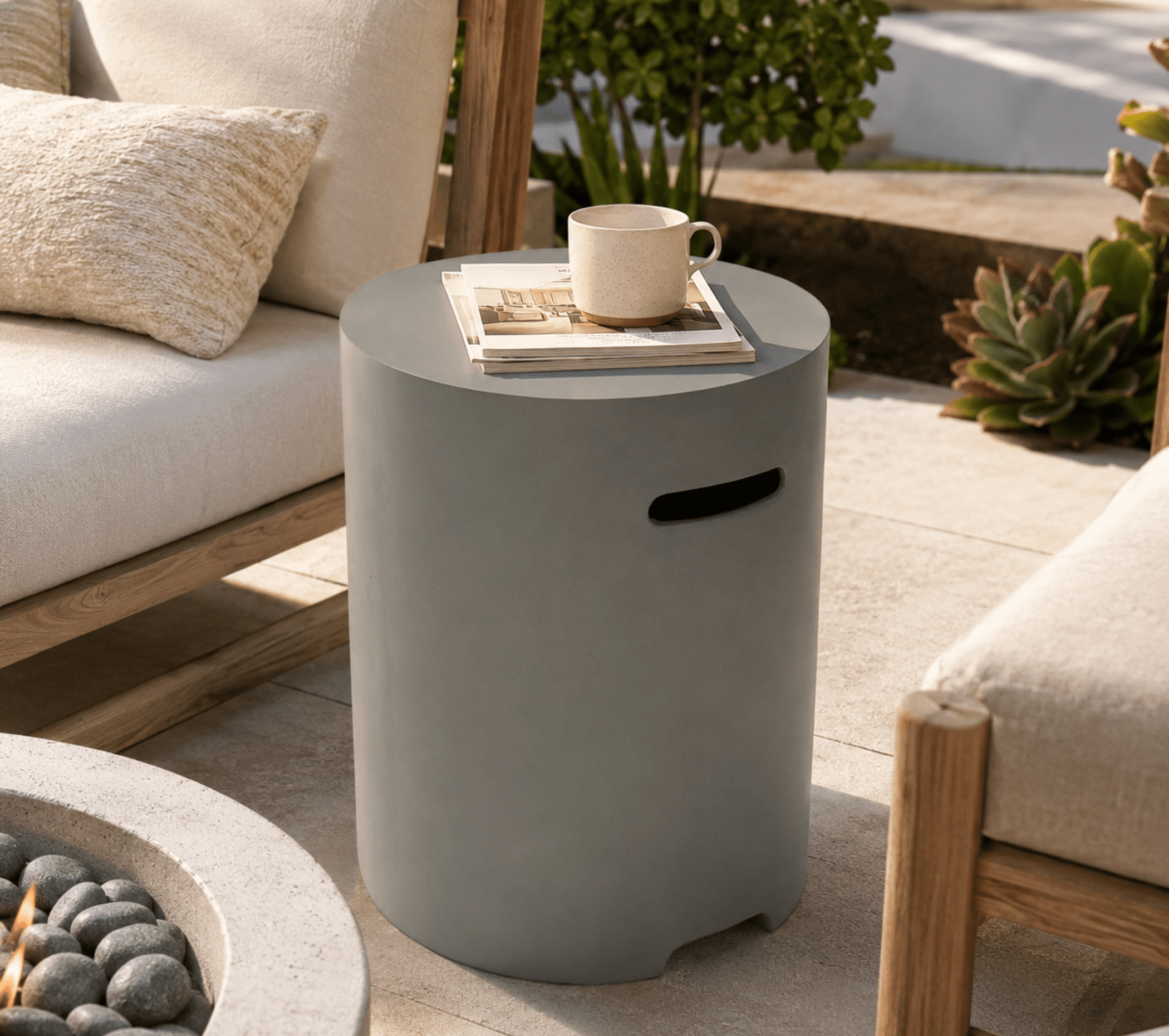 Propane Tank Cover Table, 16" Lightweight Concrete Propane Tank Hideaway for 20 lb Propane Tank, Outdoor Side Table with Handles for Gas Fire Pit, BBQ Grill & Griddle, Stone Look