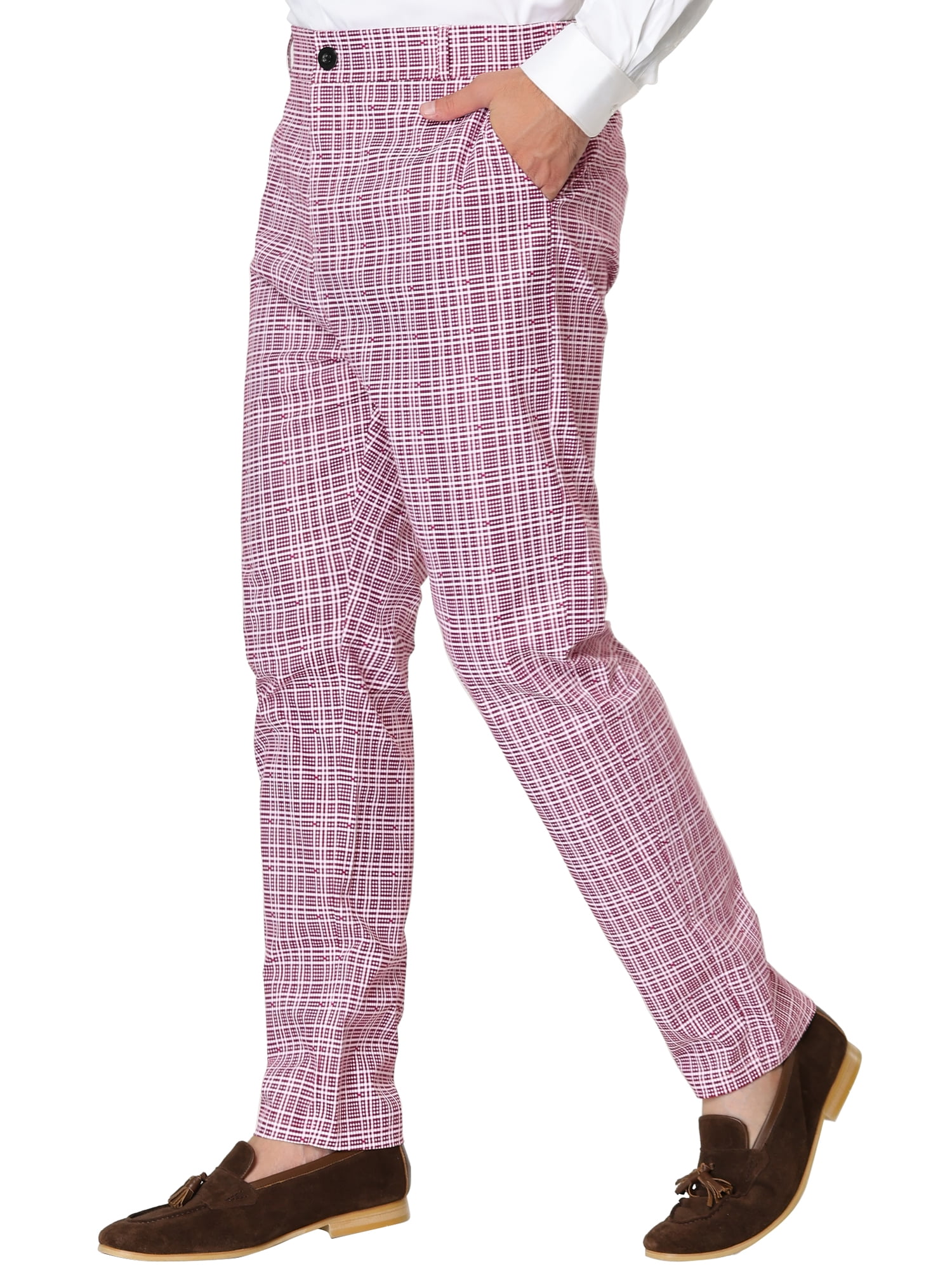 Unique Bargains Men's Plaid Printed Straight Leg Business Casual Checked Pants 38 Pink
