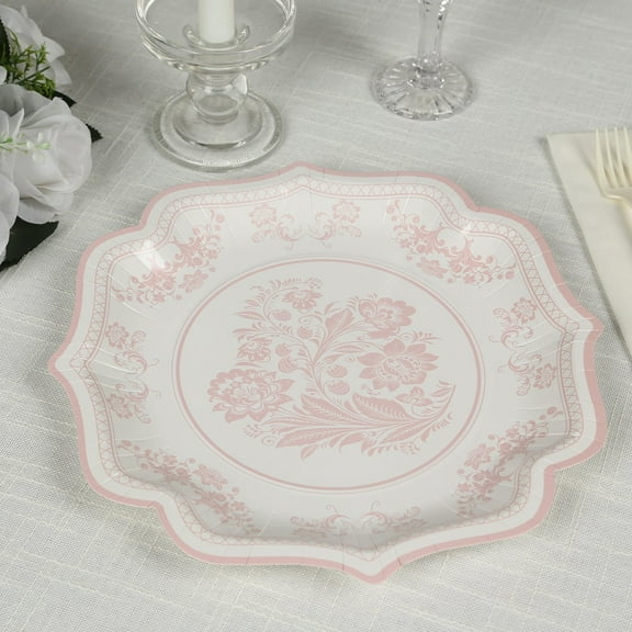 Efavormart 25 Pack White Pink Paper Dinner Plates in Damask Floral Pattern, 10" Disposable Party Plates with Scalloped Rims - 300 GSM