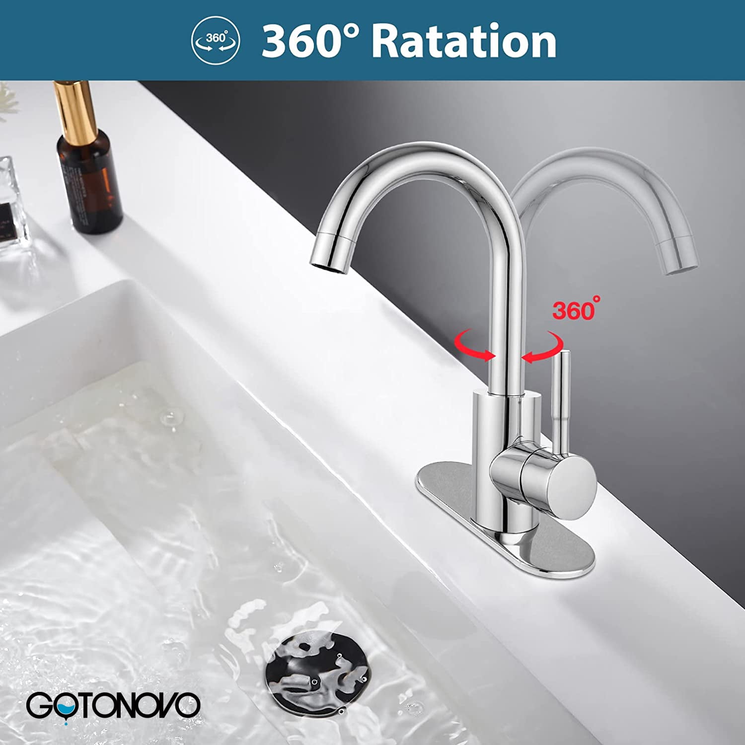 gotonovo Polish Chrome Single Handle Bathroom Sink Faucet, Wet Bar Pre-Kitchen Farmhouse RV Small Vanity Faucet with 360°Rotation Spout with Deck Plate, Supply Hoses and Drain Stopper