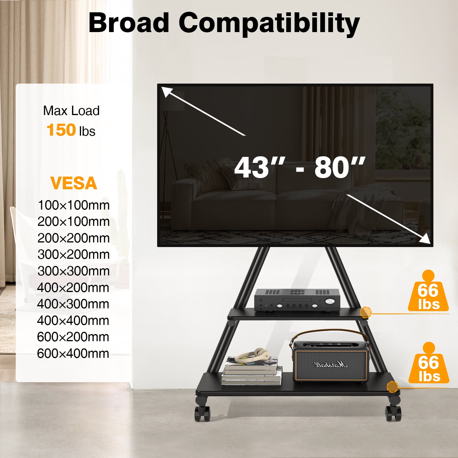 TAVR Furniture Universal Mobile TV Cart up to 80 inch TV, Rolling TV Stand on Wheels with Mount with Storage Shelf