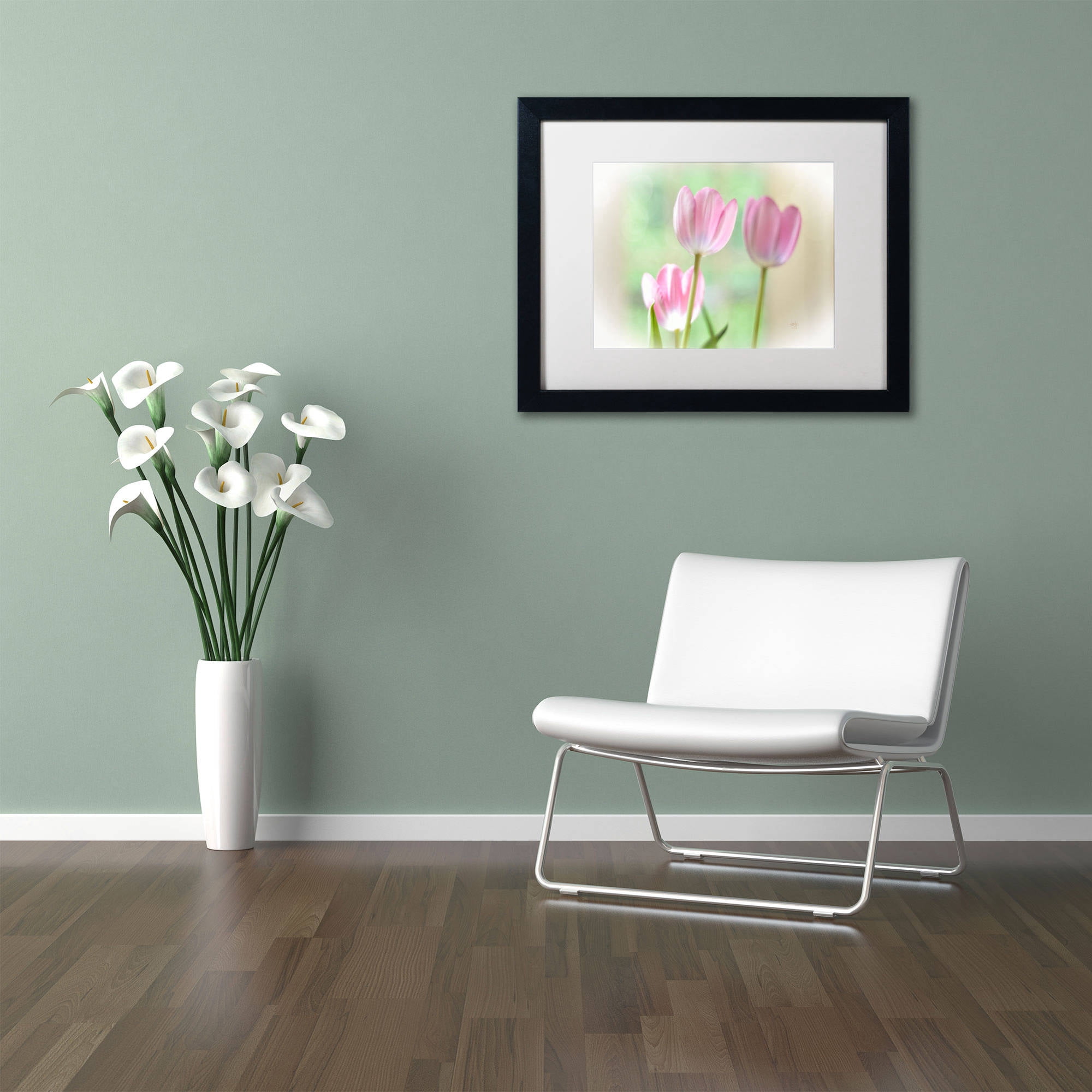 Trademark Fine Art "Three Pink Tulips" Canvas Art by Lois Bryan, White Matte, Black Frame