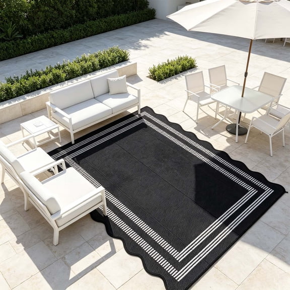Waterproof Outdoor Rug 8x10, Scalloped Geometric Foldable Plastic Straw Patio Camping Rug, Outdoor RV Carpet for Deck Camper Porch Balcony Backyard Picnic Beach Black and White