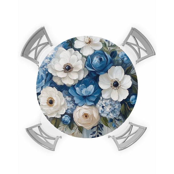 nqOlkjepod Hydrangeas Flower Round Tablecloth, Fitted Table Cover with Elastic for 45"-54" Round Tables, Blue White Floral Country Oil Painting Table Cloth Dinning Party Waterproof Tablecloths