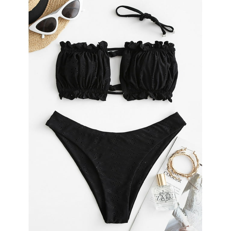 ZAFUL Womens High Cut Bandeau Bikini Sexy Cutout Ribbed Swimsuit 2 Piece Ruffle Tie Bathing Suits