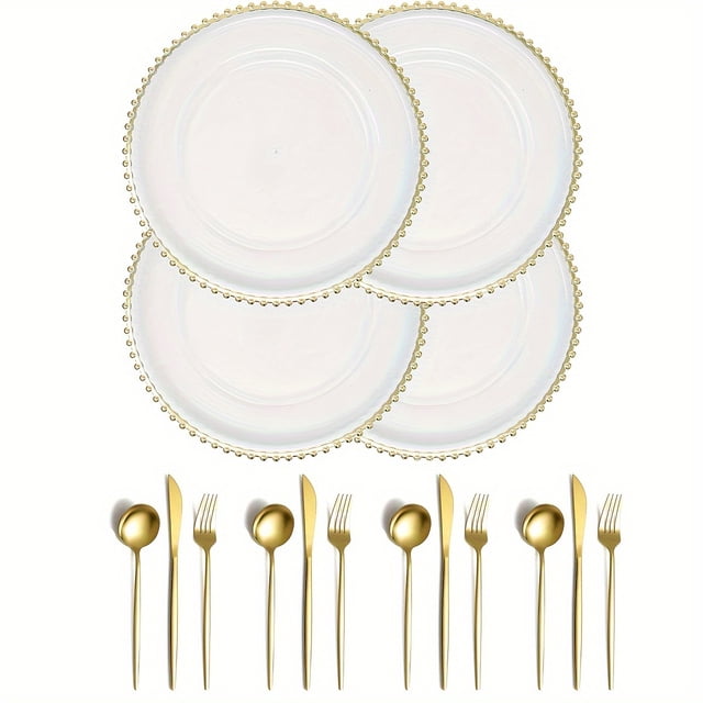 8/16pcs Clear Plastic Charger Plates with Gold Beads Rim Acrylic Decorative Service Plate withGold Beads Rim Decorative Service gold16PCS