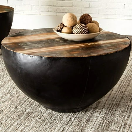 Reclaimed Table Tops A Line Furniture Black Iron Drum Shaped Accent Coffee Table with Natural Reclaimed Wood Top ()