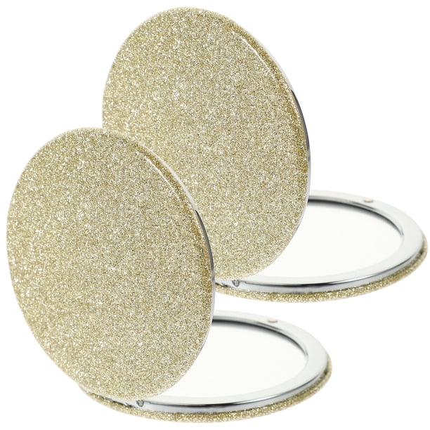 Espejo compacto de 2 piezas con purpurina de cuero sintético para maquillaje, espejo de bolsillo pequeño para exteriores.