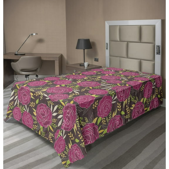 Floral Flat Sheet, Detailed Silhouettes of Roses and Leaves, Soft Comfortable Top Sheet Decorative Bedding 1 Piece, 6 Sizes, Magenta Dark Warm Taupe, by Ambesonne