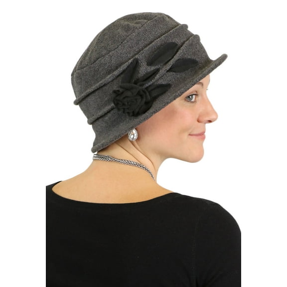 Lady Rose Fleece Flower Cloche Hat for Chemo & Cancer Patients (Grey with Black))