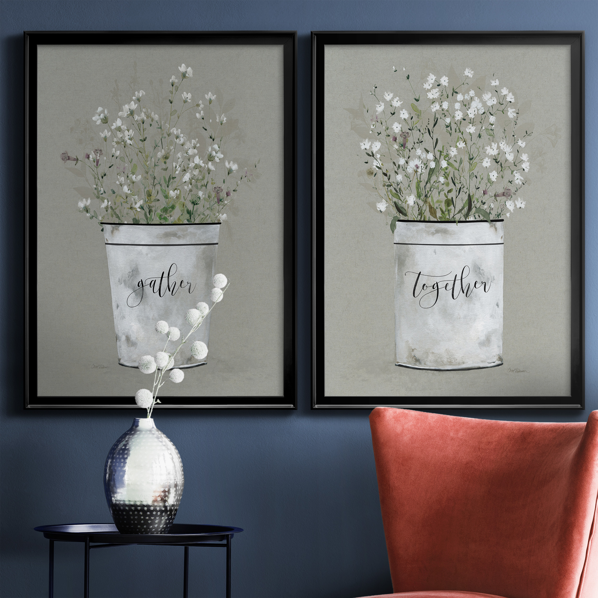 2 Piece Set Bouquet of Grace Bucket Gather Premium Framed Canvas - Ready to Hang - 26.5 x 36.5 Each - Black Frame