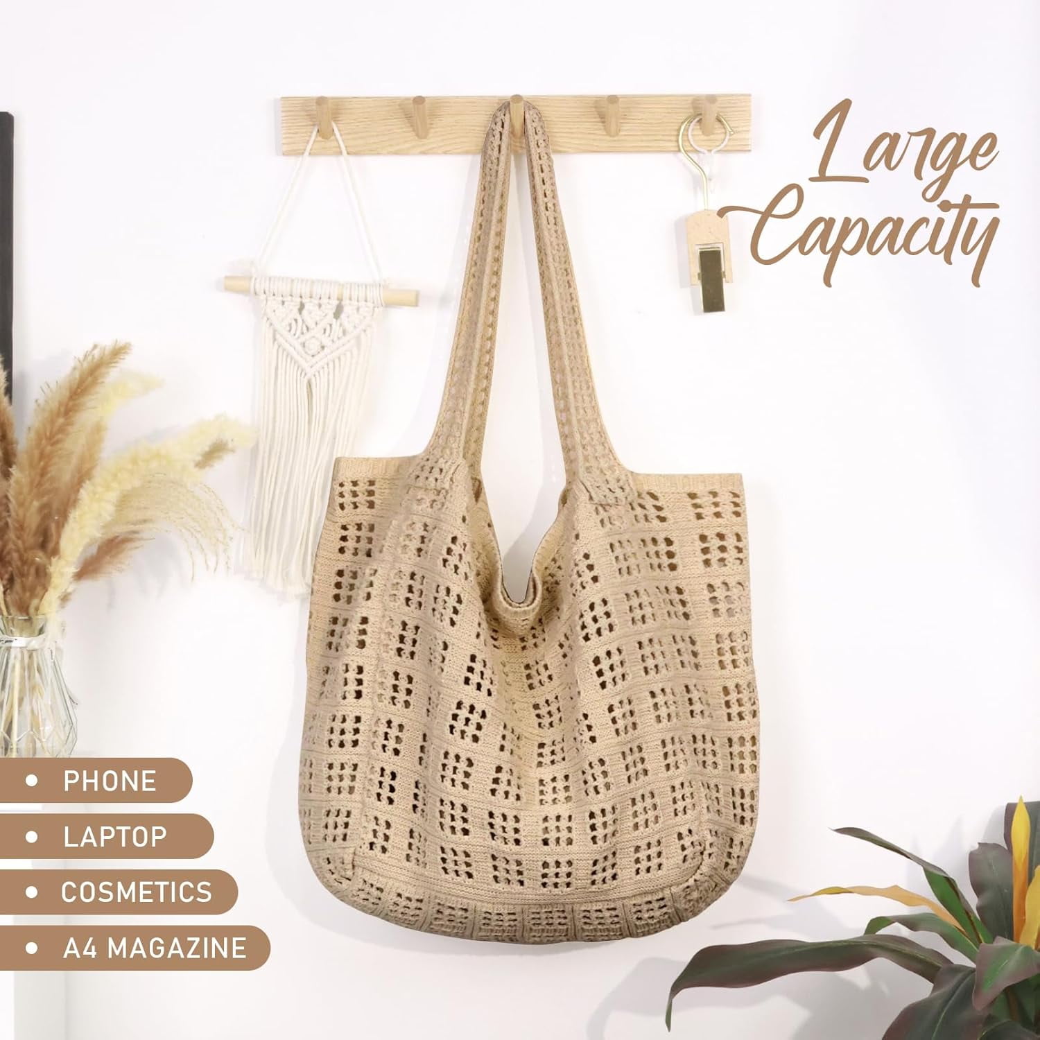 CAILDANL Crochet Bags for Women - Large Tote Aesthetic Handbag Shoulder Hippie Knit Bag
