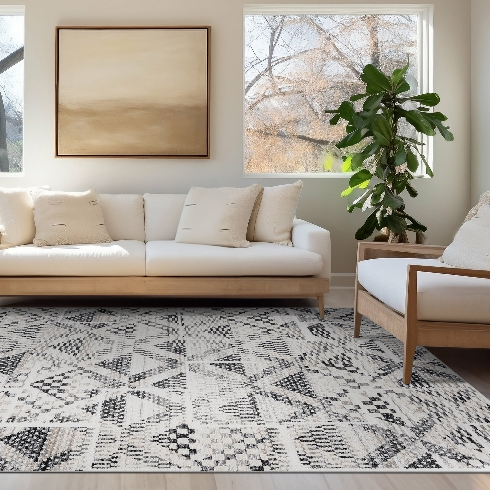 Alpha Contemporary 2' x 7' Black and Gray Polyester Indoor Area Rug